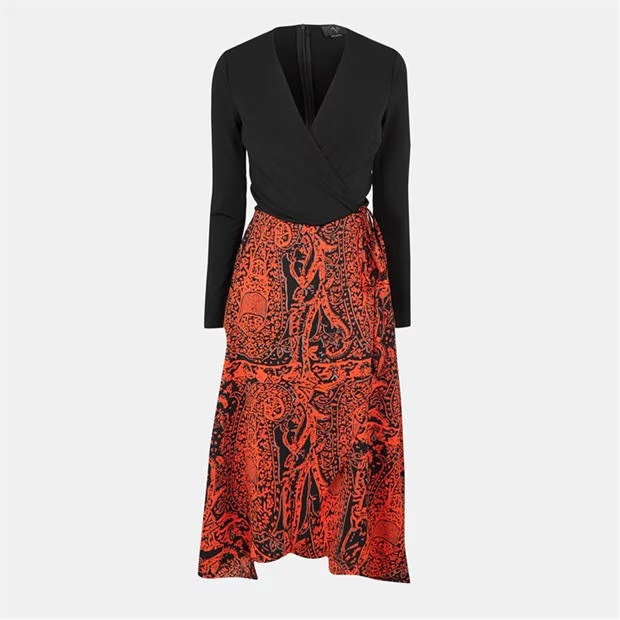 AX Paris Red And Black Printed Long Sleeve 2 In 1 Midi Dress