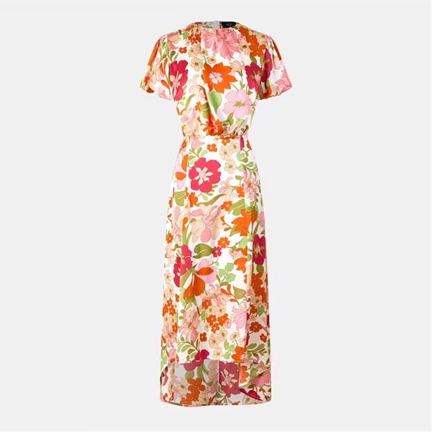 AX Paris Cream Floral Printed Puff Sleeve Tie Waist Midi Dress