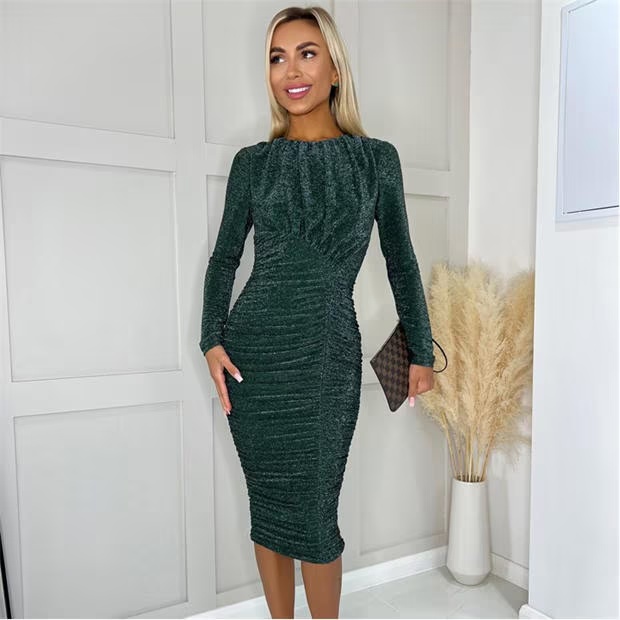 AX Paris Glitter Long Sleeve Ruched Bodycon Dress