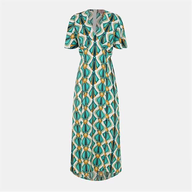 AX Paris Multi Print V Neck Tie Detail Short Sleeve Midi Dress