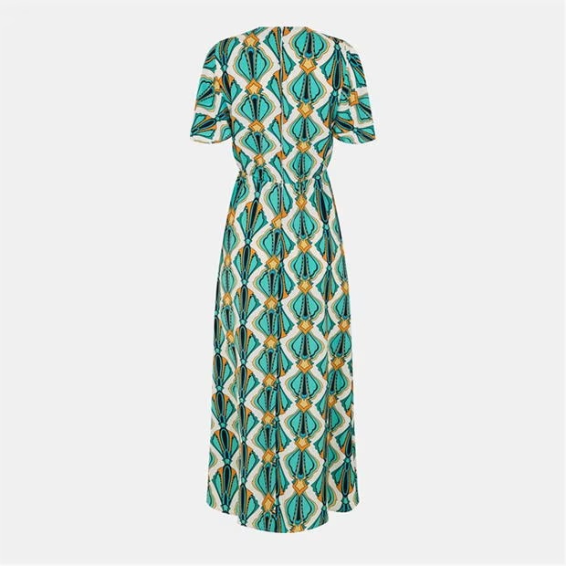 AX Paris Multi Print V Neck Tie Detail Short Sleeve Midi Dress