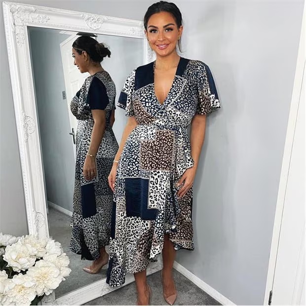 AX Paris Animal Print Patchwork Wrap Midi Dress