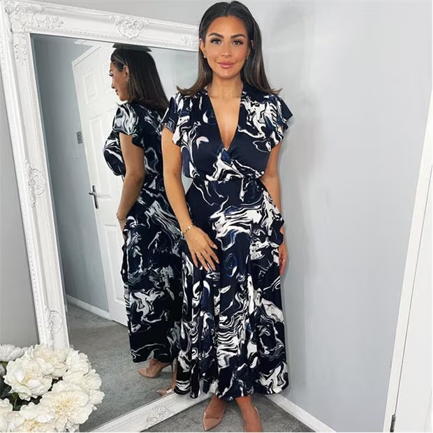 AX Paris Marble Print Short Sleeve Ruffle Midi Dress
