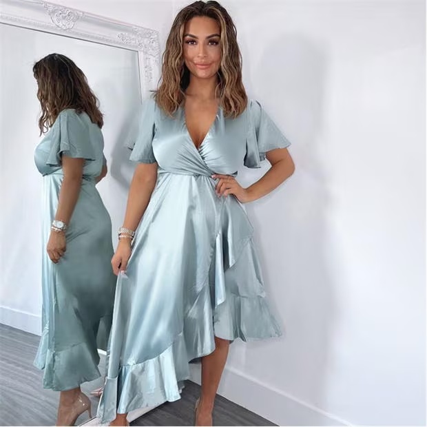 AX Paris Egg Satin Frill Hem Short Sleeve Midi Dress