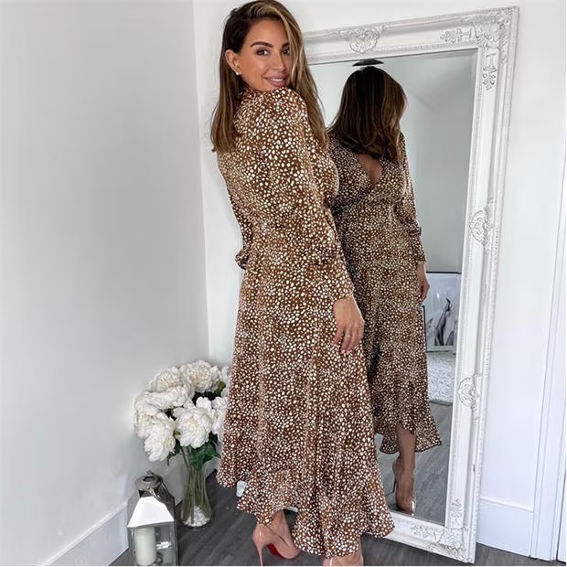 AX Paris And Cream Printed V-Neck Long Sleeve Midi Dress