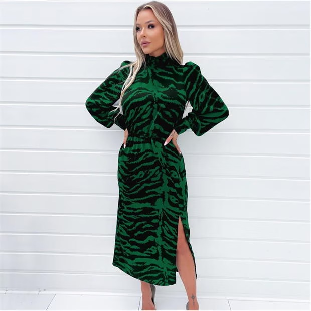 AX Paris Animal Print High Neck Long Sleeve Midi Dress
