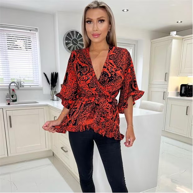 AX Paris And Black Printed Frill Hem Wrap Top