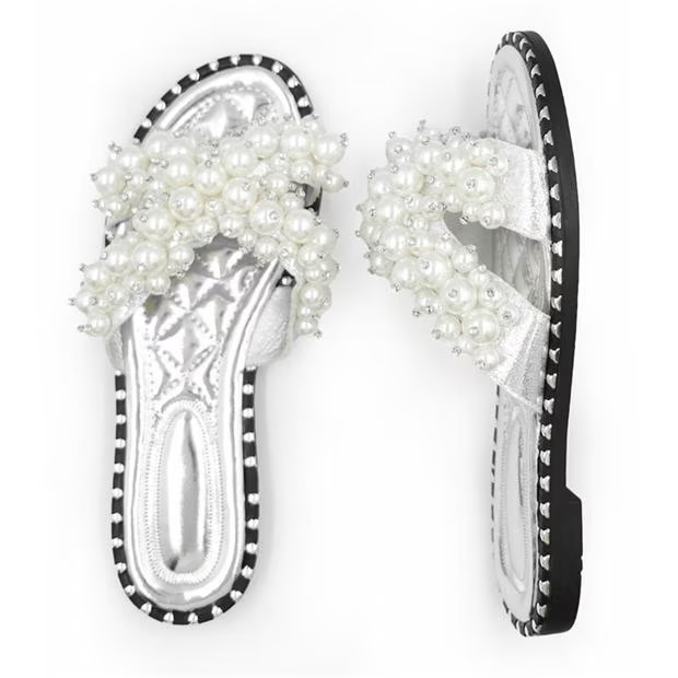 Wheres That From Silver Eve Pearl Embellished Flat Sandals