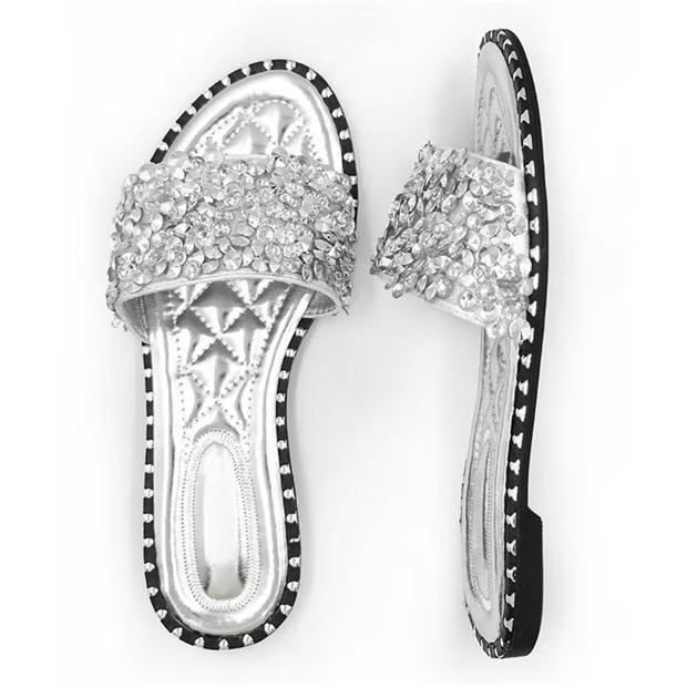 Wheres That From Silver Belle Diamante Sparkly Flat Sliders