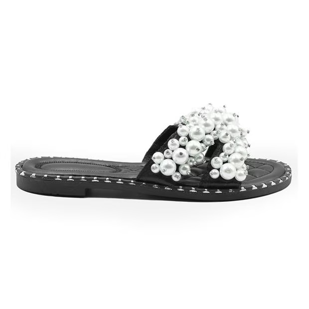 Wheres That From Black Eve Pearl Embellished Flat Slider Sandals