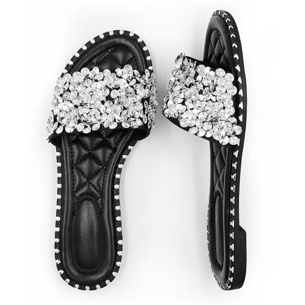 Wheres That From Black Belle Diamante Sparkly Flat Sliders