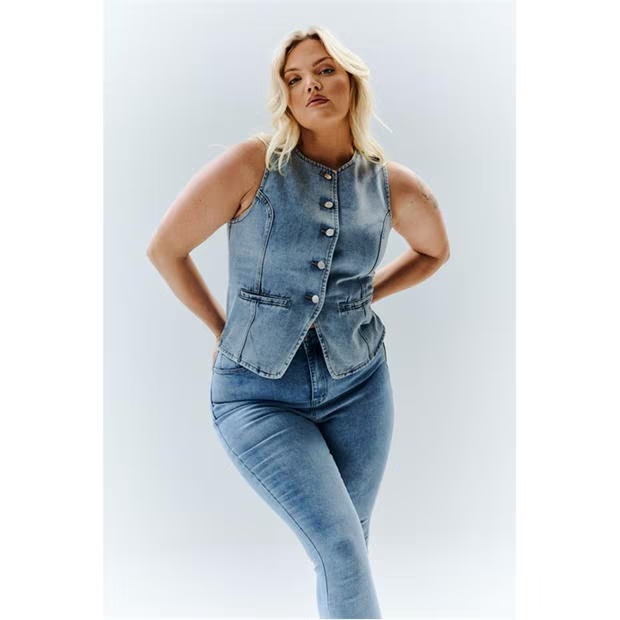 In The Style Blue Denim Crew Neck Waistcoat
