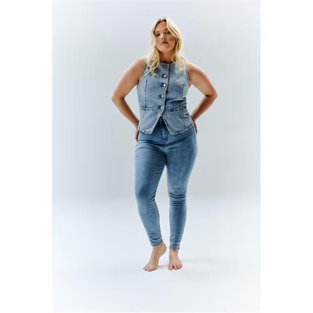 In The Style Blue Denim Crew Neck Waistcoat