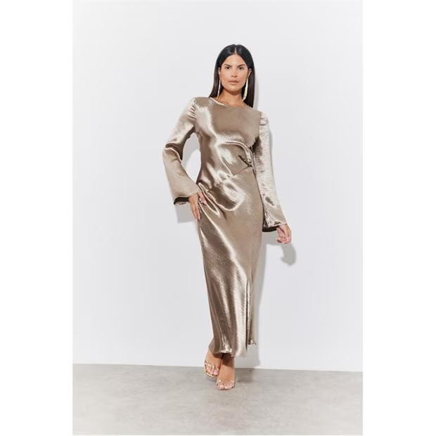 In The Style Bronze Liquid Satin Bias Cut Maxi Dress