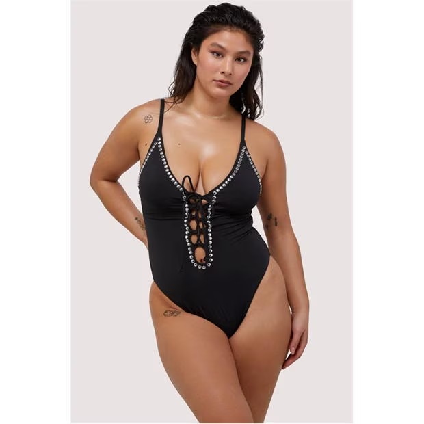 Wolf and Whistle Fuller Bust Black Eco Studded Lace-Up Swimsuit
