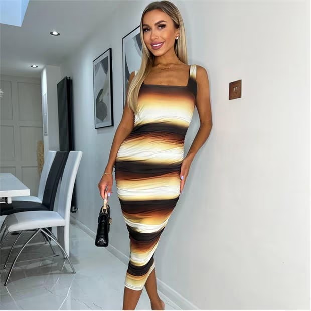 AX Paris Brown Ombre Printed Square Neck Sleeveless Bodycon Midi Dress
