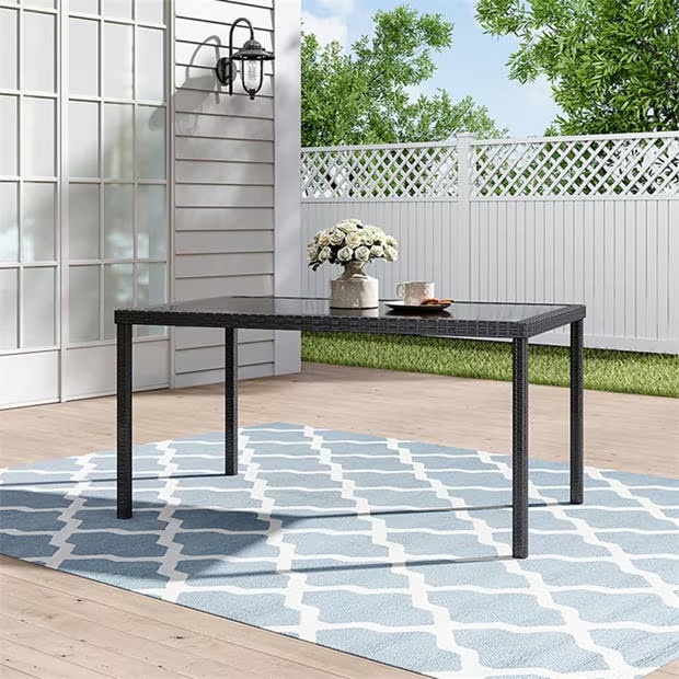 Breeins Black Rustic Outdoor Wicker Table with Glass