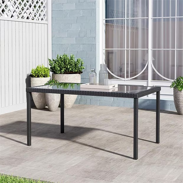 Breeins Black Rustic Outdoor Wicker Table with Glass