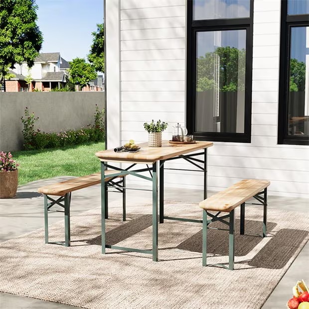 Breeins Camping 3-Piece Outdoor Wooden Foldable Table Benches Set