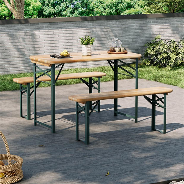 Breeins Camping 3-Piece Outdoor Wooden Foldable Table Benches Set
