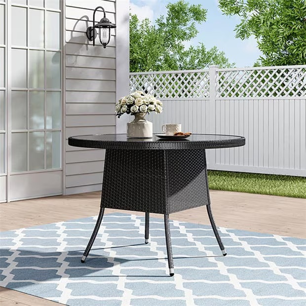 Breeins Black Wicker Table with Tempered Glass & Hole