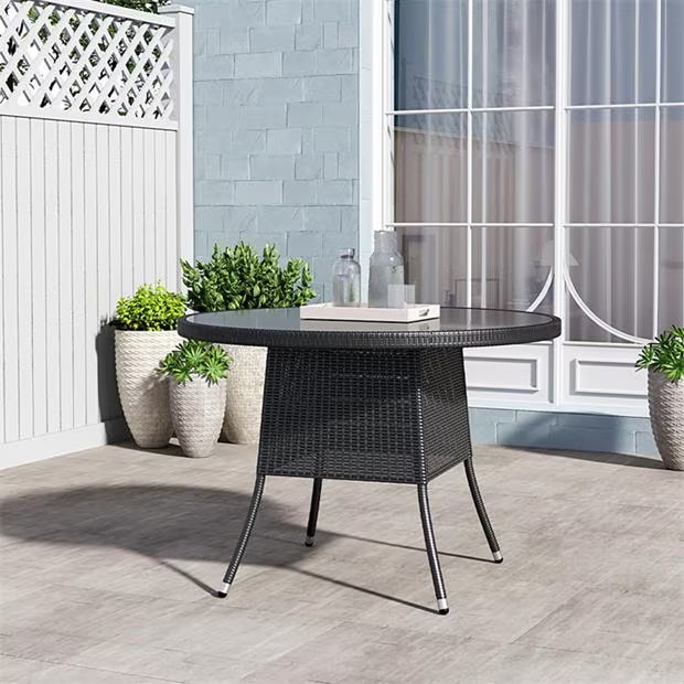 Breeins Black Wicker Table with Tempered Glass & Hole