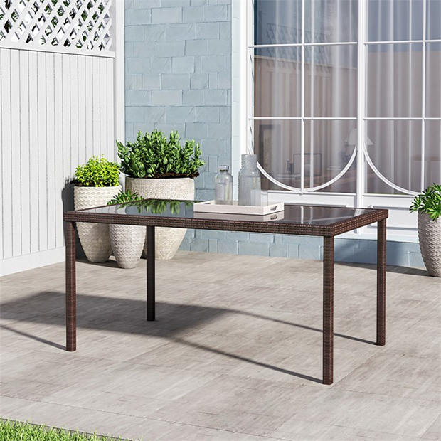 Breeins Brown Rustic Outdoor Wicker Table with Glass