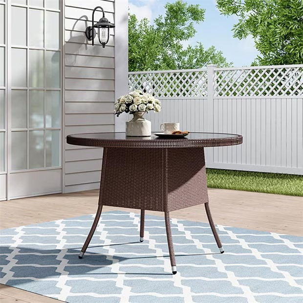 Breeins Brown Wicker Table with Tempered Glass & Hole