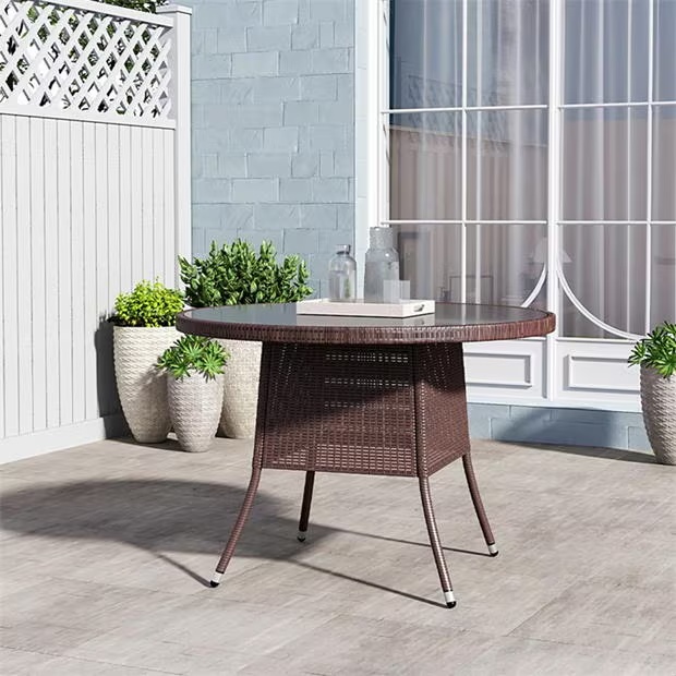 Breeins Brown Wicker Table with Tempered Glass & Hole